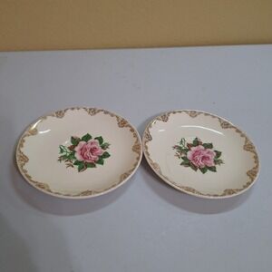 1954 American Rose Saucer Set 2 Homer Laughlin USA 22KT Gold Floral Vintage